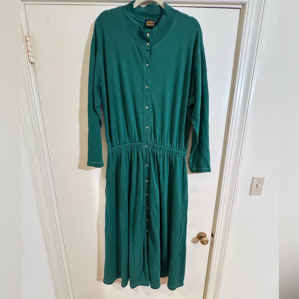Vintage Eddie Bauer Teal Button-Front Long Sleeve Midi Dress